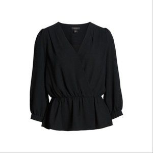 NWOT Halogen Wrap Front Peplum Black Top Small